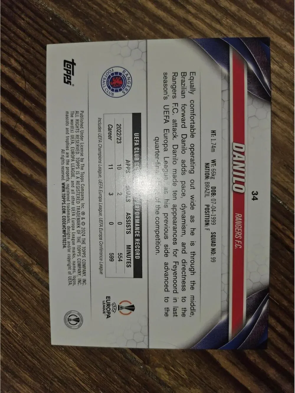 2023-24 Topps UEFA Club Competitions Danilo #34 Rangers FC